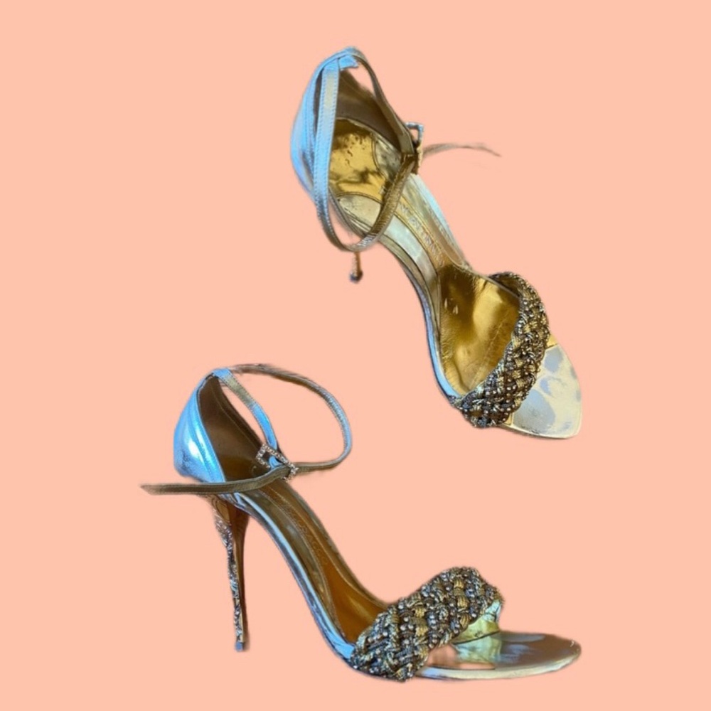 Francesco Sacco Gold leather crystal high heel sandals 37